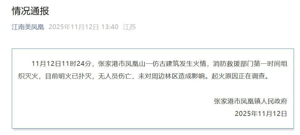 江苏张家港市凤凰山一仿古建筑发生火情 无人员伤亡
