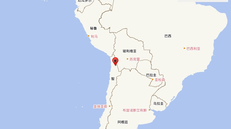 智利北部发生5.7级地震 震源深度100千米