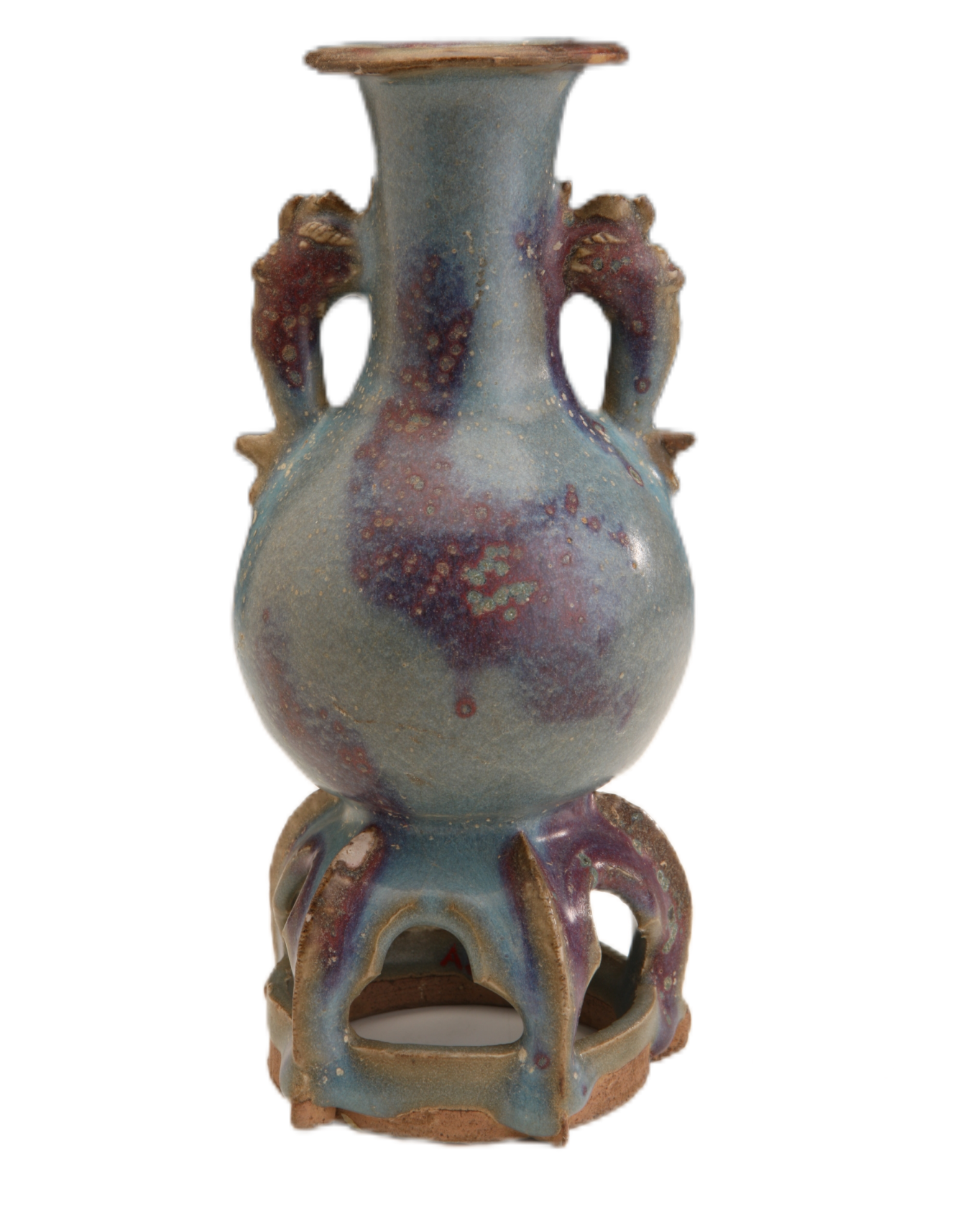 11.钧窑玫瑰紫斑连座双耳瓶