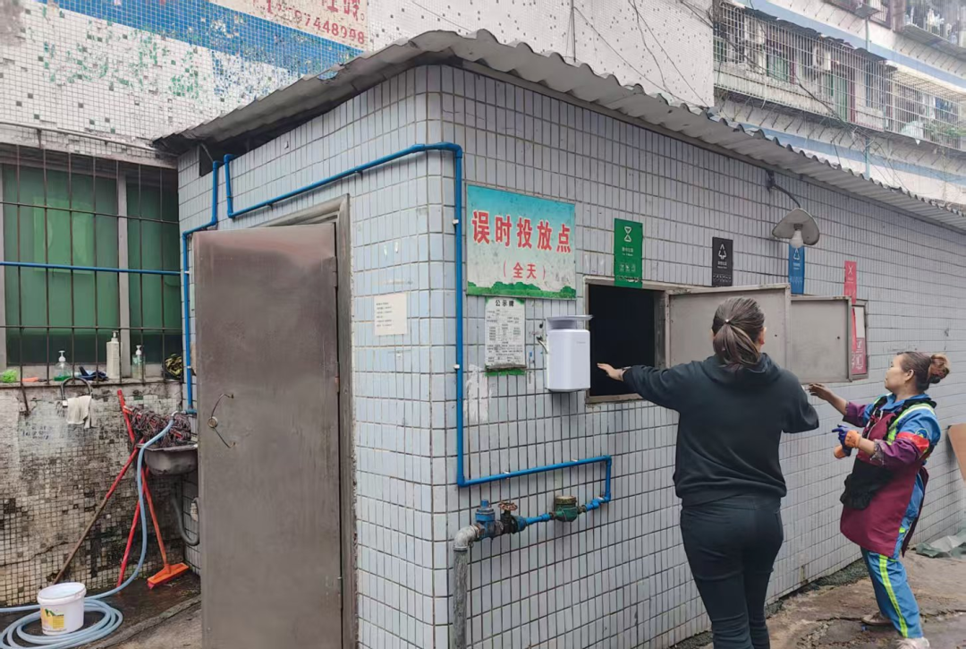 巡查组（左）检查分类情况。通讯员供图