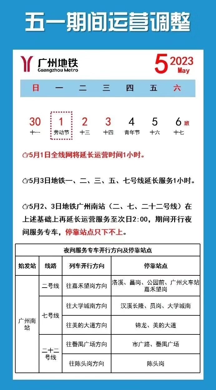 提醒！广州地铁这5条线今日延长1小时，地铁广州南站运营至次日2时